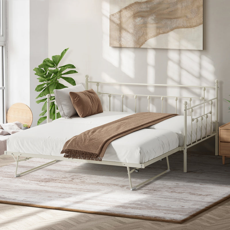 Oikiture Trundle Bed Frame Single Size Metal 2x Single Beds Beige