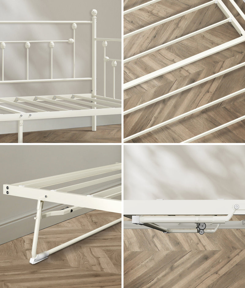 Oikiture Trundle Bed Frame Single Size Metal 2x Single Beds Beige
