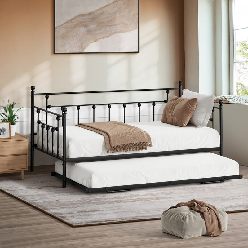 Oikiture Trundle Bed Frame Single Size Metal 2x Single Beds Black