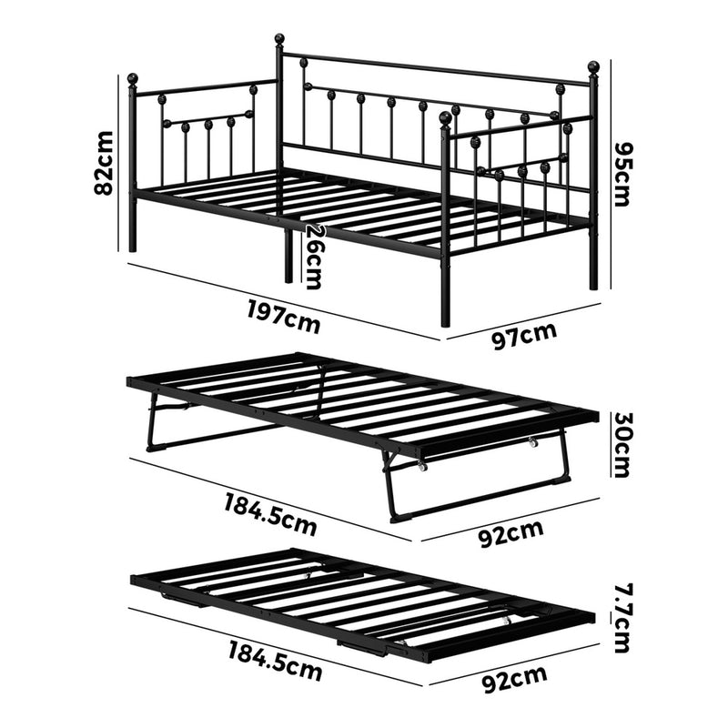 Oikiture Trundle Bed Frame Single Size Metal 2x Single Beds Black