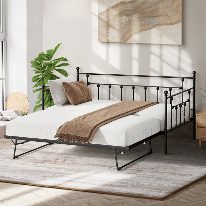 Oikiture Trundle Bed Frame Single Size Metal 2x Single Beds Black