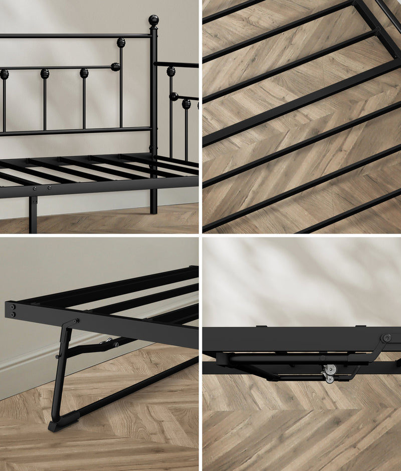 Oikiture Trundle Bed Frame Single Size Metal 2x Single Beds Black