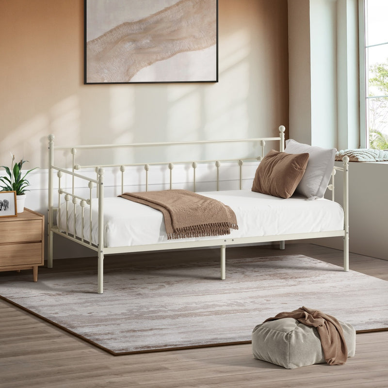 Oikiture Metal Daybed Frame Single Size Steel Slat Sofa Bed Beige