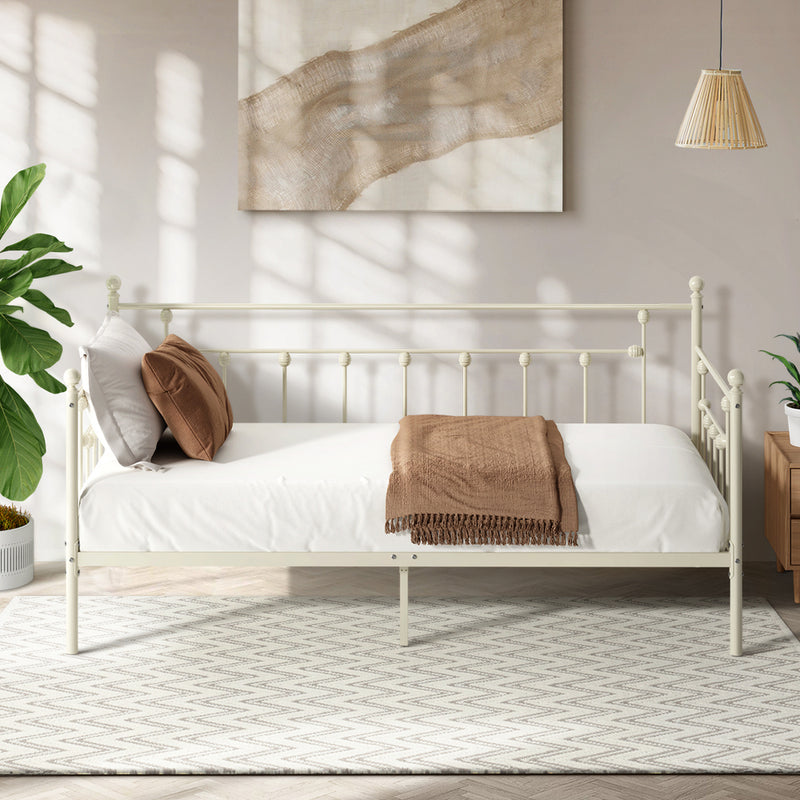 Oikiture Metal Daybed Frame Single Size Steel Slat Sofa Bed Beige
