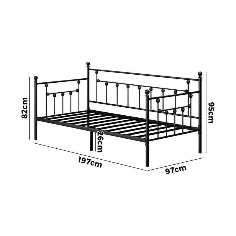Oikiture Metal Daybed Frame Single Size Steel Slat Sofa Bed Black