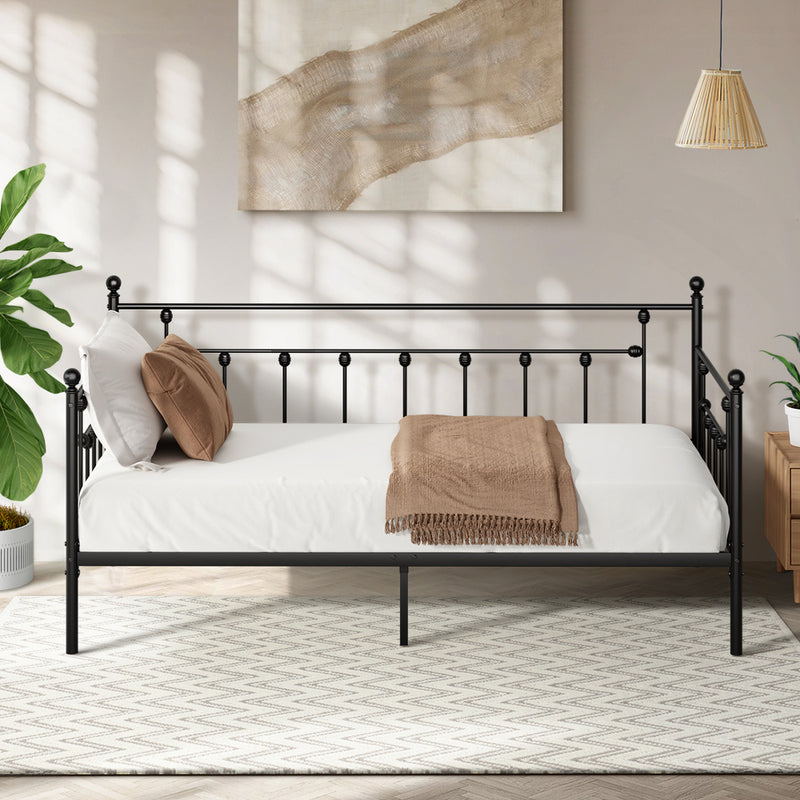 Oikiture Metal Daybed Frame Single Size Steel Slat Sofa Bed Black