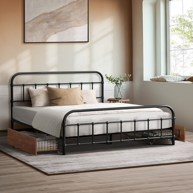 Oikiture Metal Bed Frame Double Size Bed Base with 2 Drawers Black