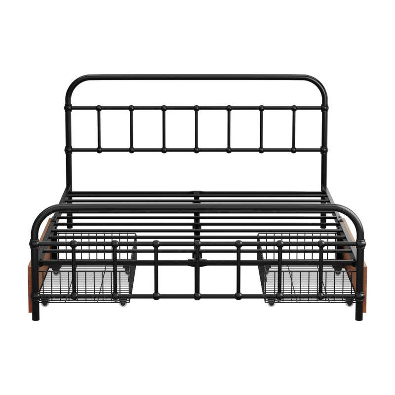 Oikiture Metal Bed Frame Double Size Bed Base with 2 Drawers Black