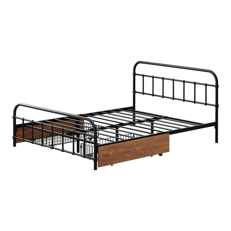 Oikiture Metal Bed Frame Double Size Bed Base with 2 Drawers Black