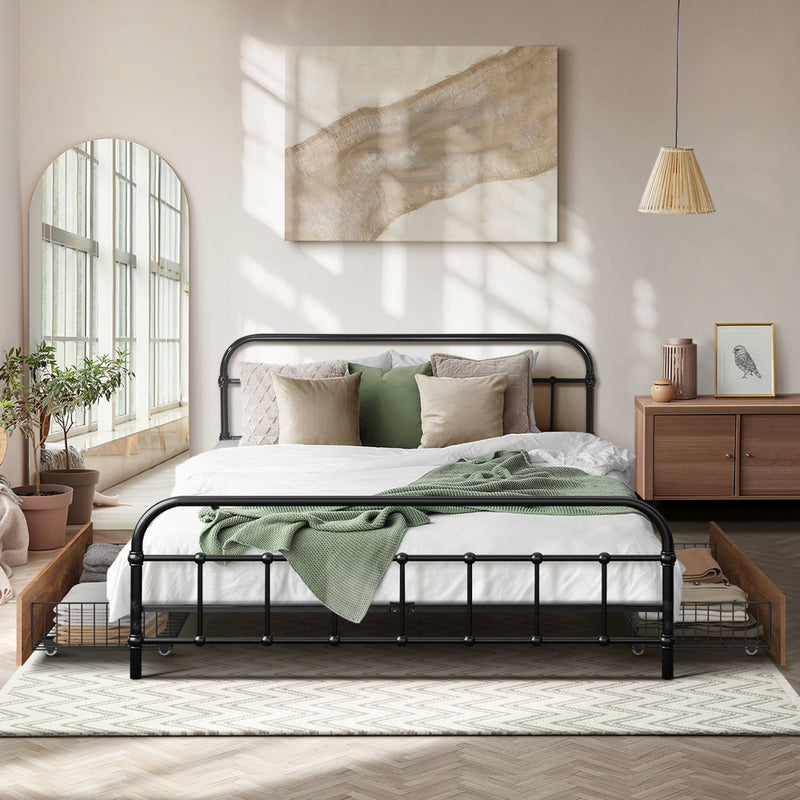Oikiture Metal Bed Frame Double Size Bed Base with 2 Drawers Black