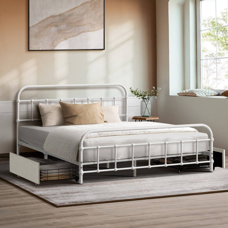 Oikiture Metal Bed Frame Double Size Bed Base with 2 Drawers White