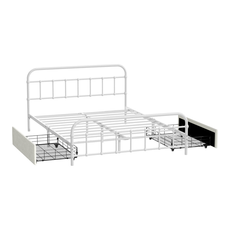 Oikiture Metal Bed Frame Double Size Bed Base with 2 Drawers White