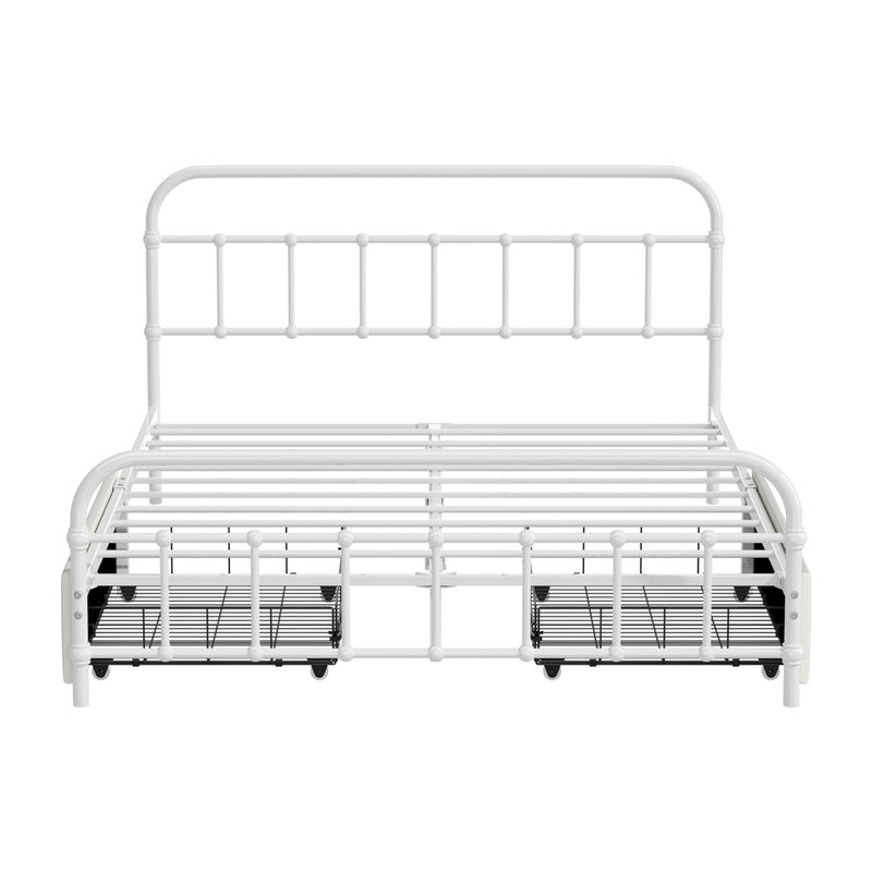 Oikiture Metal Bed Frame Double Size Bed Base with 2 Drawers White