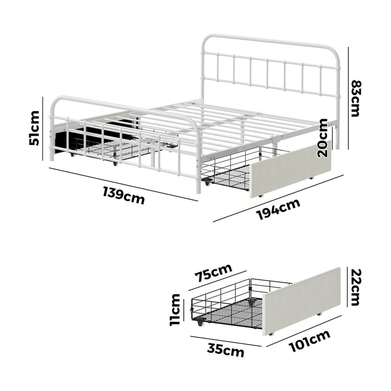 Oikiture Metal Bed Frame Double Size Bed Base with 2 Drawers White