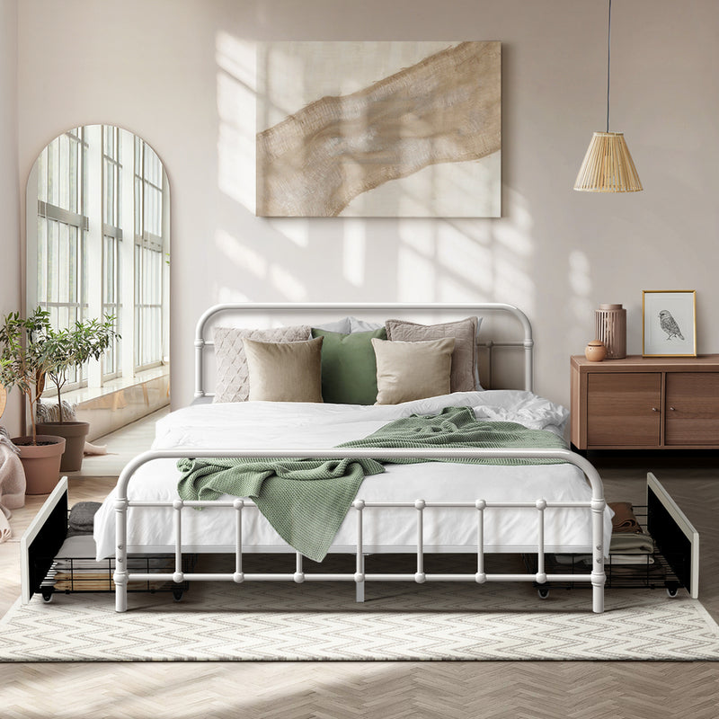 Oikiture Metal Bed Frame Double Size Bed Base with 2 Drawers White