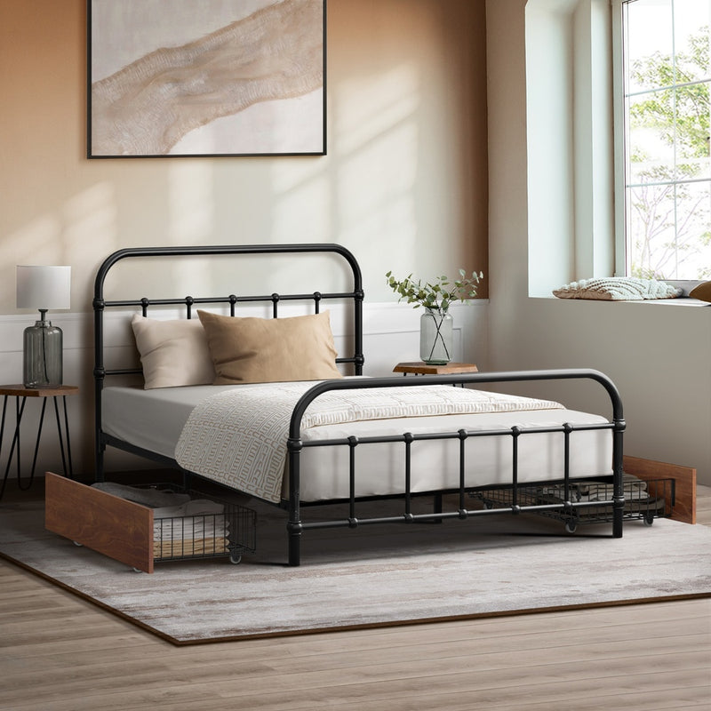 Oikiture Metal Bed Frame King Single Bed Base with 2 Drawers Black