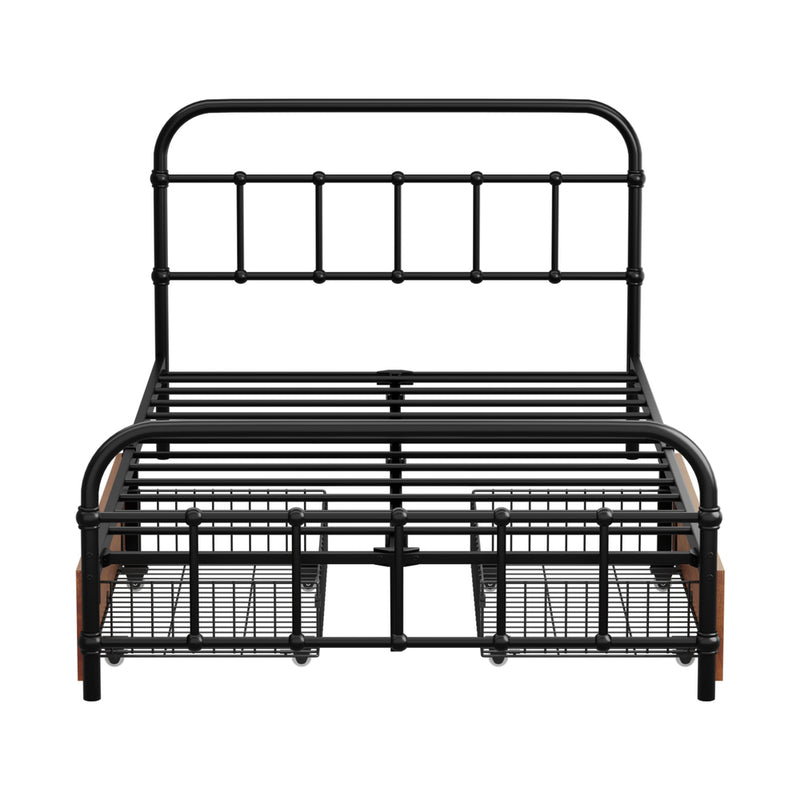Oikiture Metal Bed Frame King Single Bed Base with 2 Drawers Black