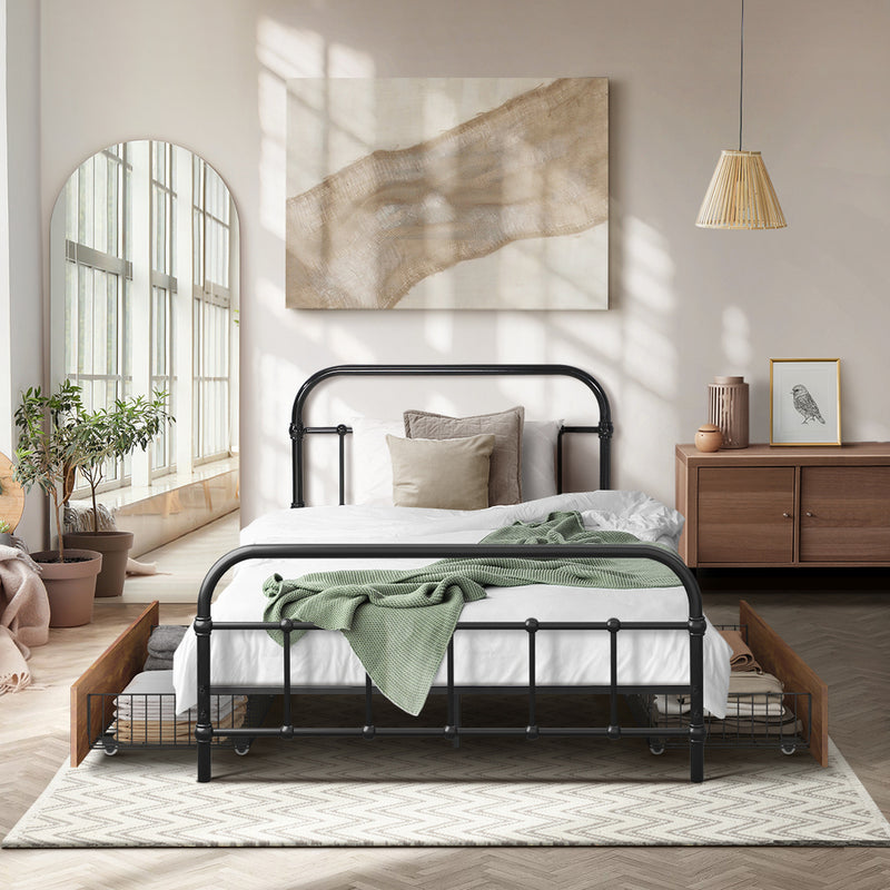 Oikiture Metal Bed Frame King Single Bed Base with 2 Drawers Black