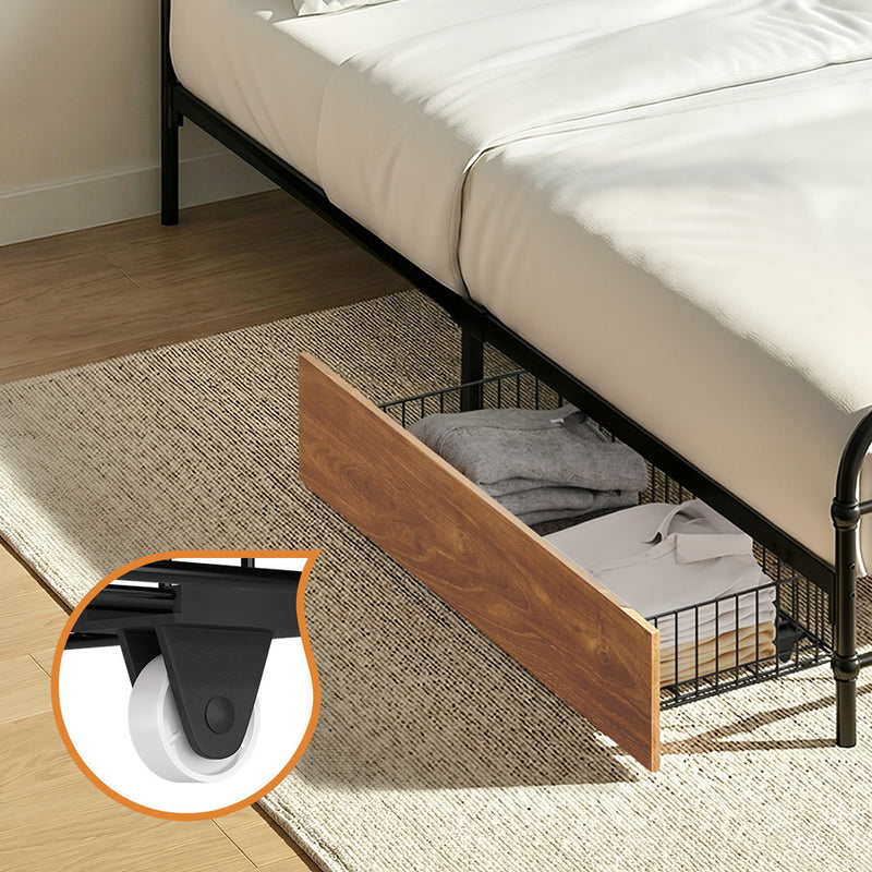 Oikiture Metal Bed Frame King Single Bed Base with 2 Drawers Black