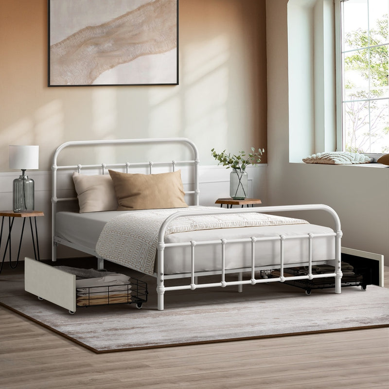 Oikiture Metal Bed Frame King Single Bed Base with 2 Drawers White
