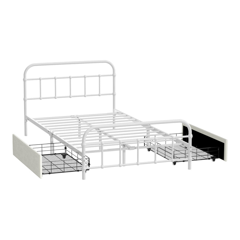 Oikiture Metal Bed Frame King Single Bed Base with 2 Drawers White