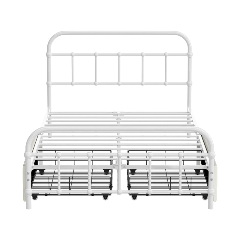 Oikiture Metal Bed Frame King Single Bed Base with 2 Drawers White