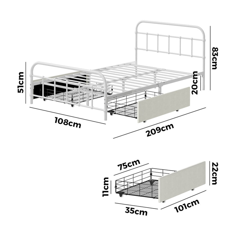 Oikiture Metal Bed Frame King Single Bed Base with 2 Drawers White
