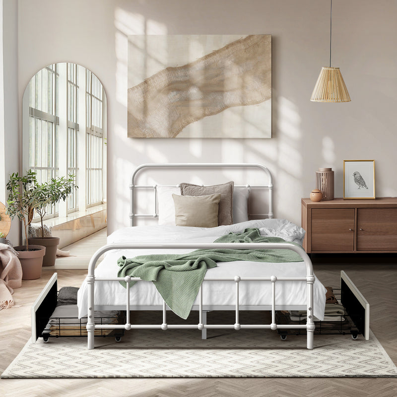 Oikiture Metal Bed Frame King Single Bed Base with 2 Drawers White