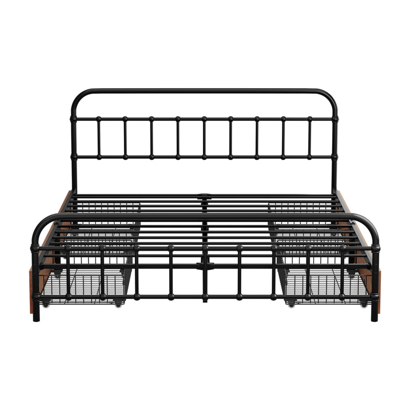 Oikiture Metal Bed Frame Queen Size Bed Base with 4 Drawers Black