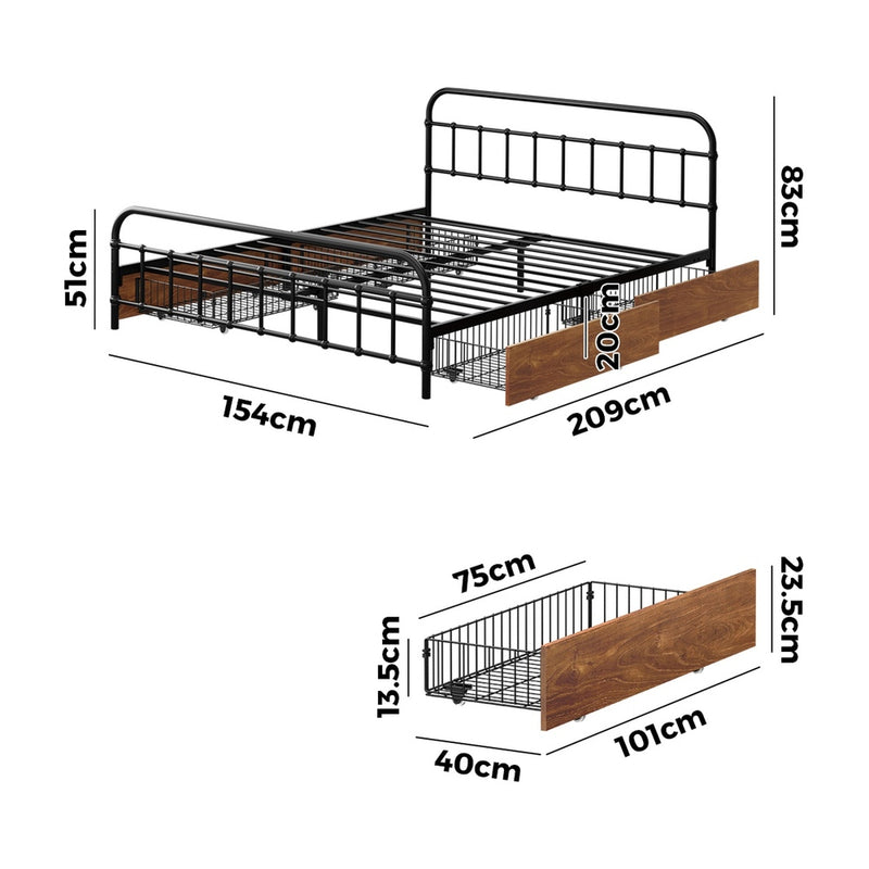 Oikiture Metal Bed Frame Queen Size Bed Base with 4 Drawers Black