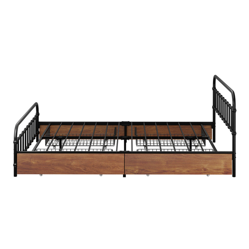 Oikiture Metal Bed Frame Queen Size Bed Base with 4 Drawers Black