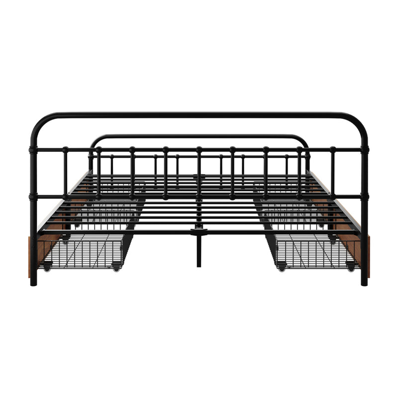Oikiture Metal Bed Frame Queen Size Bed Base with 4 Drawers Black
