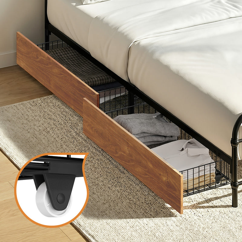 Oikiture Metal Bed Frame Queen Size Bed Base with 4 Drawers Black