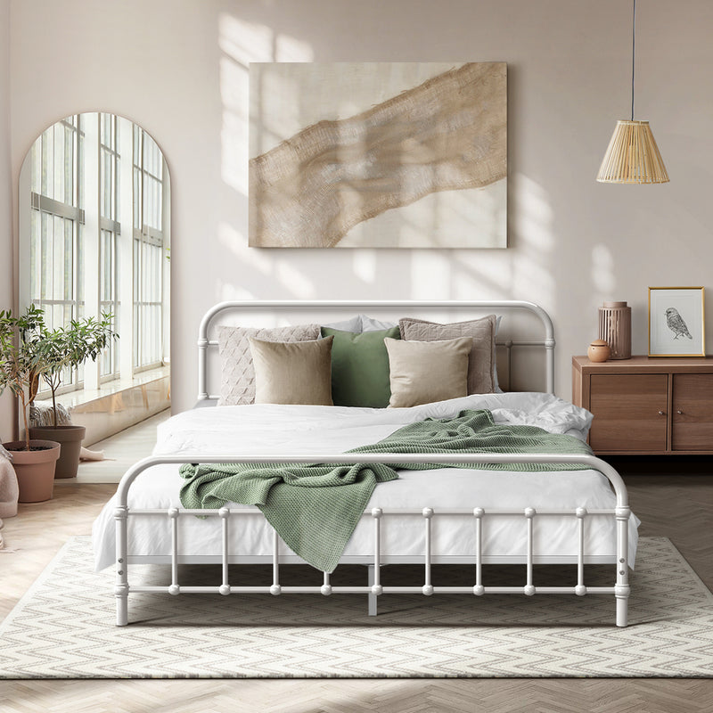 Oikiture Bed Frame Metal Bed Base Queen Size Bed Platform White
