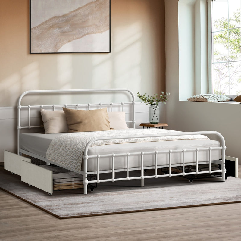 Oikiture Metal Bed Frame Queen Size Bed Base with 4 Drawers White