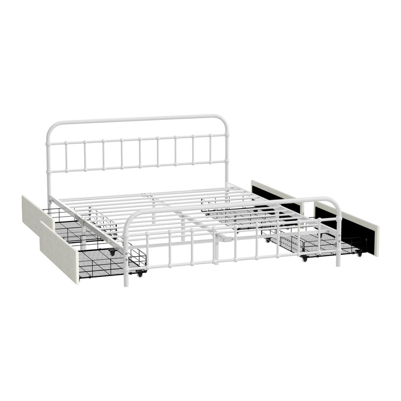 Oikiture Metal Bed Frame Queen Size Bed Base with 4 Drawers White
