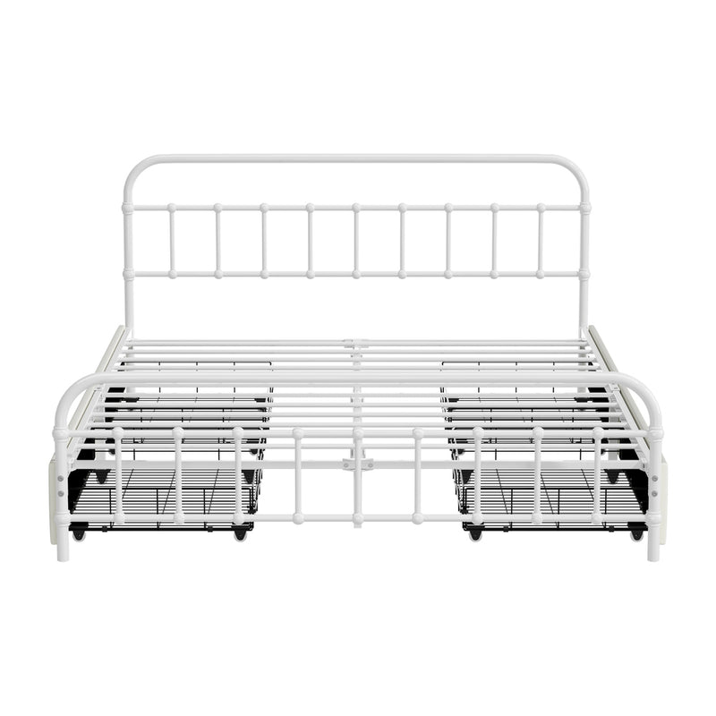 Oikiture Metal Bed Frame Queen Size Bed Base with 4 Drawers White