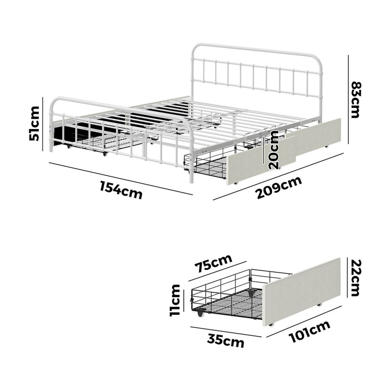 Oikiture Metal Bed Frame Queen Size Bed Base with 4 Drawers White