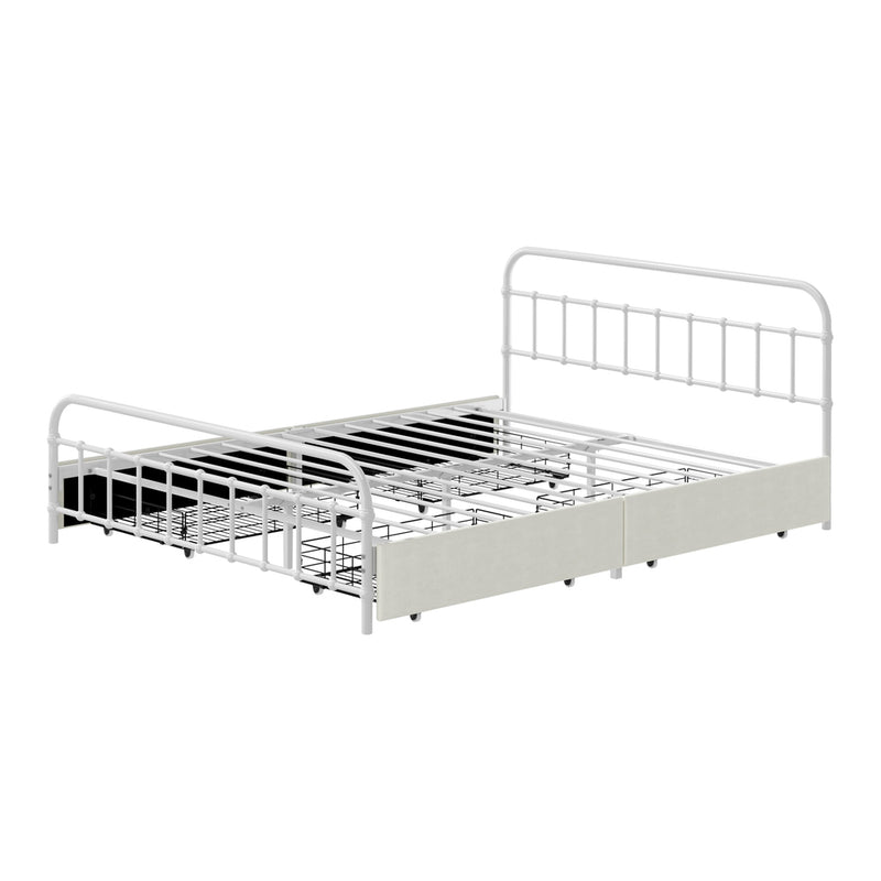 Oikiture Metal Bed Frame Queen Size Bed Base with 4 Drawers White