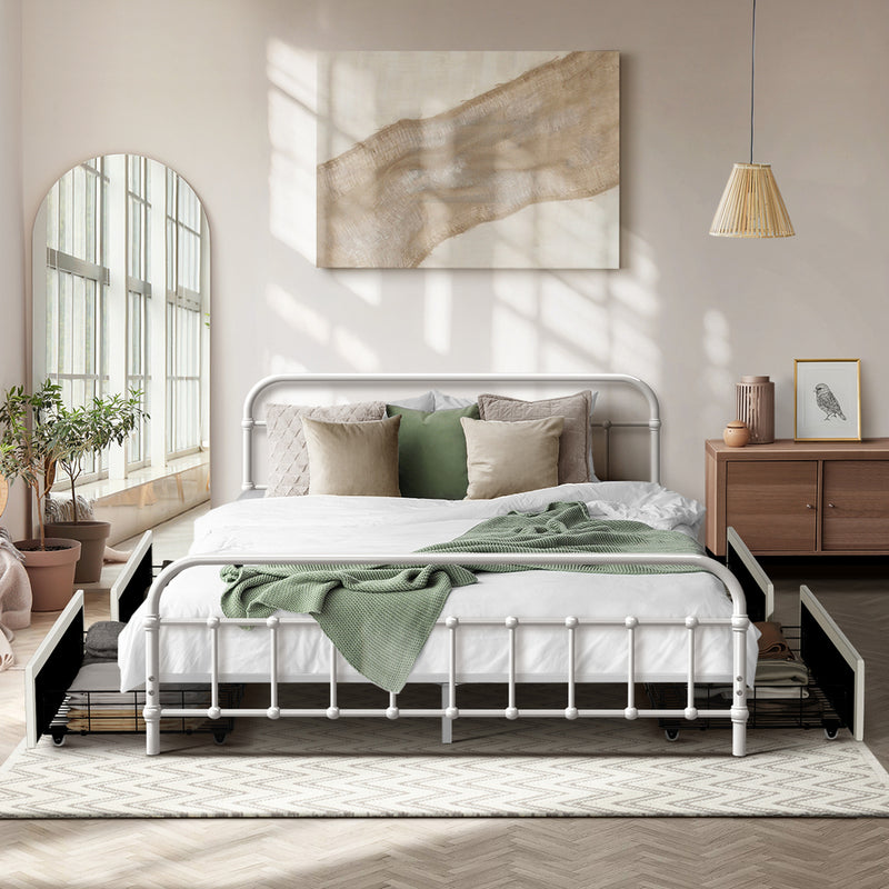 Oikiture Metal Bed Frame Queen Size Bed Base with 4 Drawers White