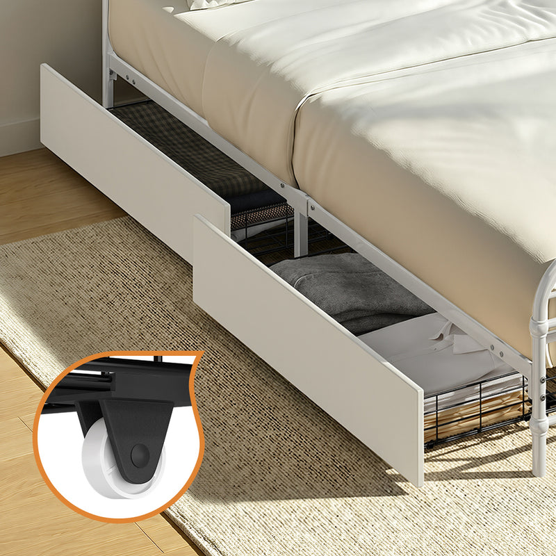 Oikiture Metal Bed Frame Queen Size Bed Base with 4 Drawers White