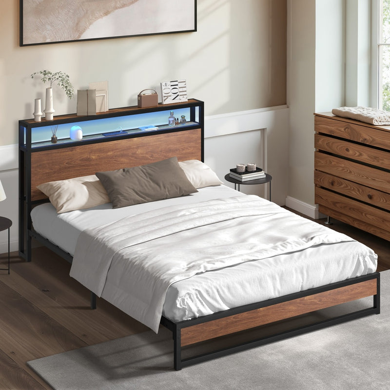 Oikiture Metal Bed Frame Double LED Light Storage Headboard USB Charge