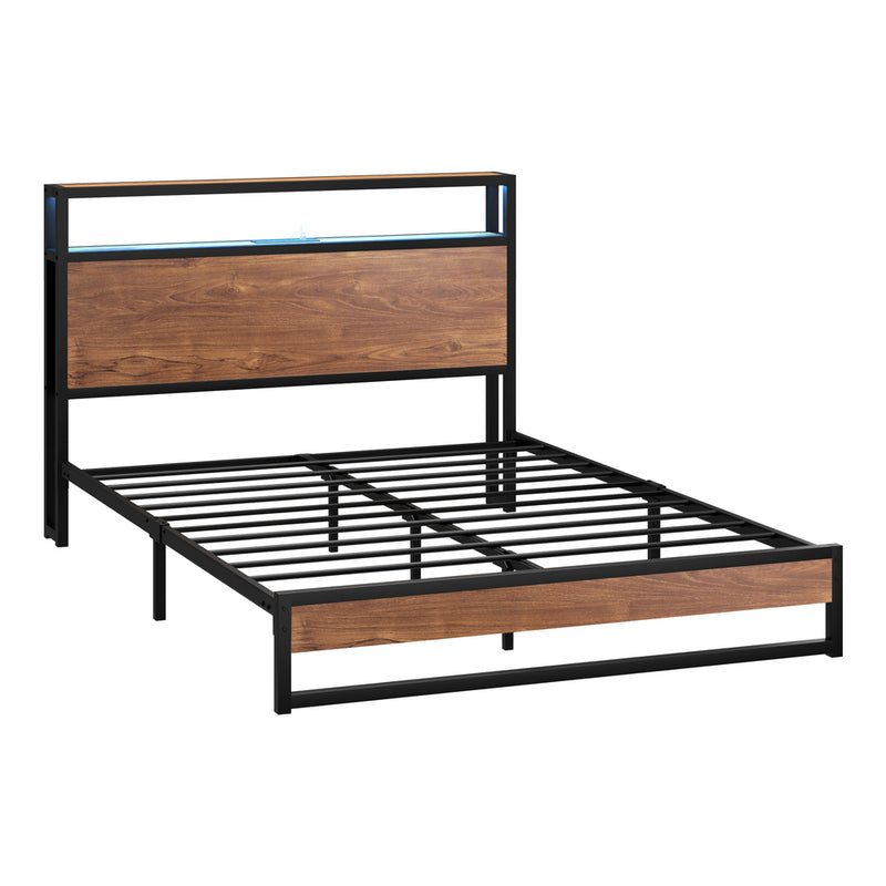 Oikiture Metal Bed Frame Double LED Light Storage Headboard USB Charge