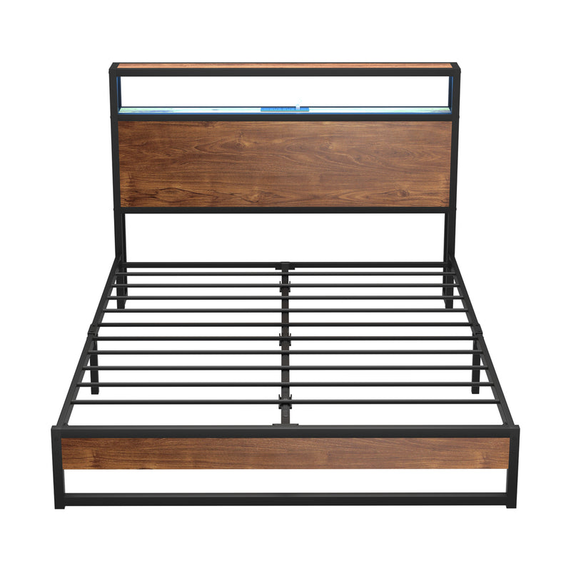 Oikiture Metal Bed Frame Double LED Light Storage Headboard USB Charge