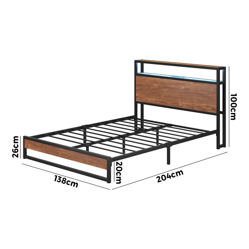 Oikiture Metal Bed Frame Double LED Light Storage Headboard USB Charge