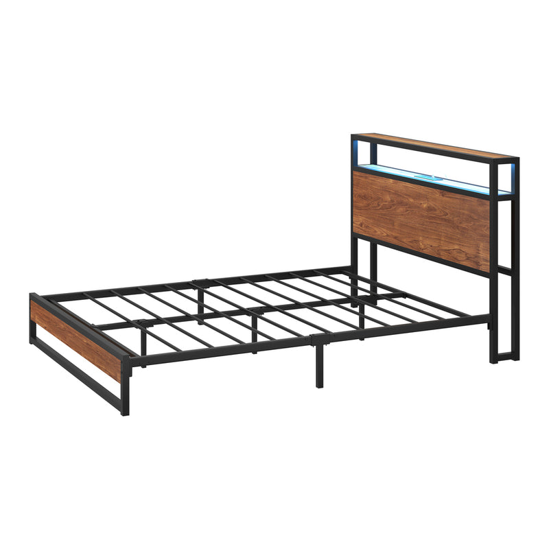 Oikiture Metal Bed Frame Double LED Light Storage Headboard USB Charge