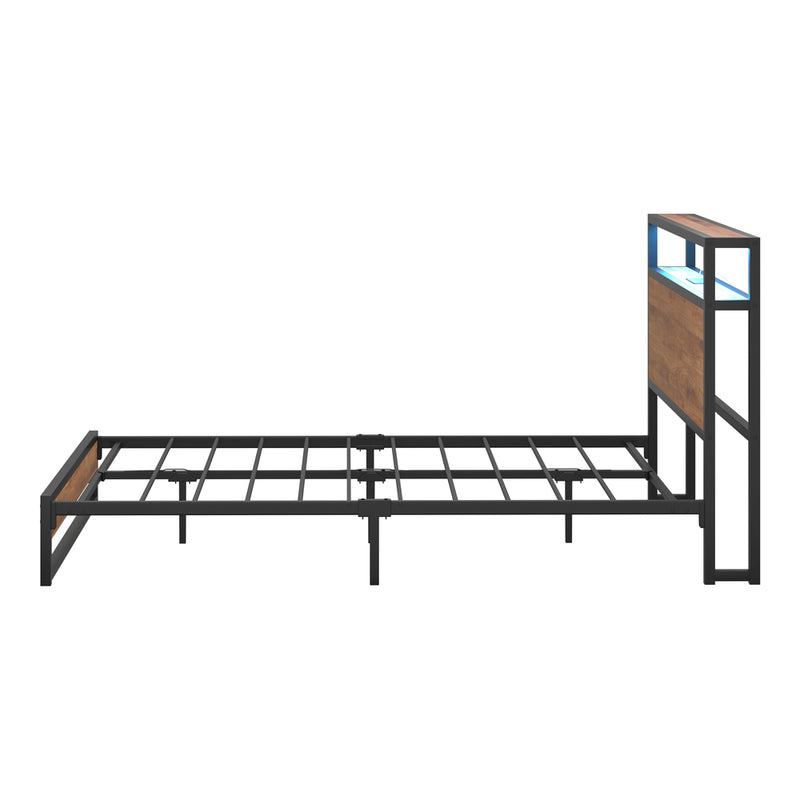 Oikiture Metal Bed Frame Double LED Light Storage Headboard USB Charge
