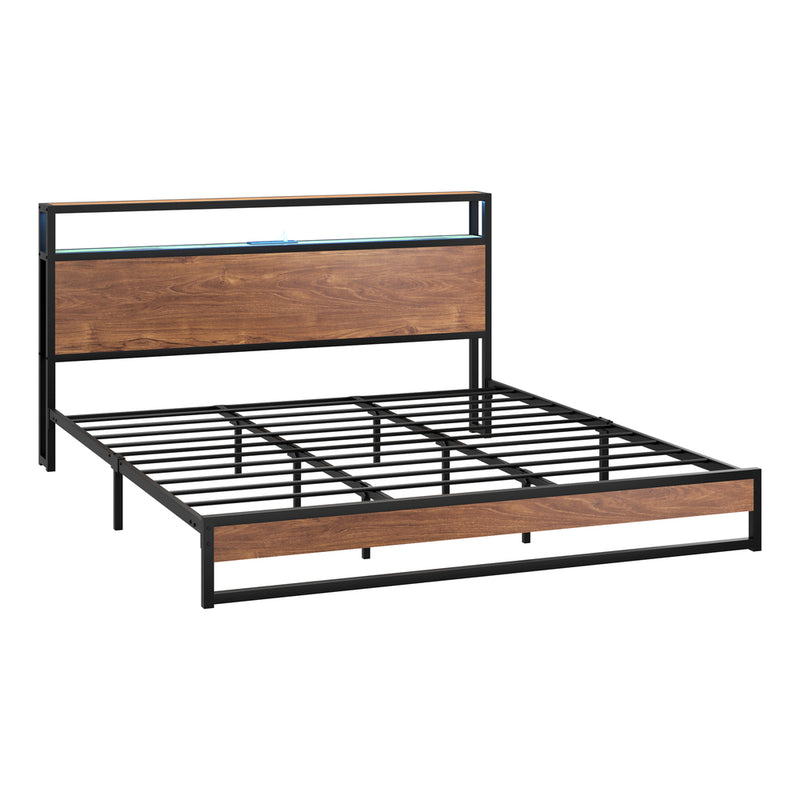 Oikiture Metal Bed Frame King LED Headboard USB Charge