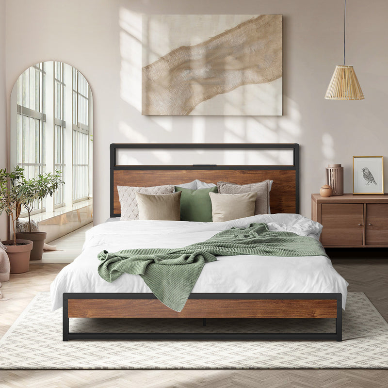 Oikiture Metal Bed Frame King LED Headboard USB Charge
