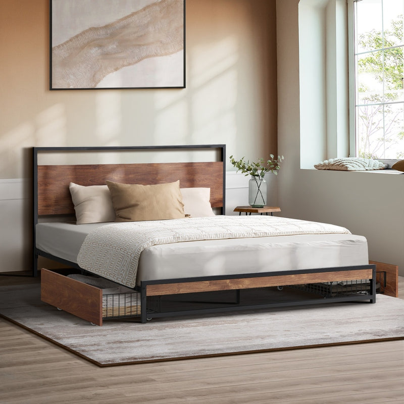 Oikiture Metal Bed Frame Double Size Bed Base Platform 2 Drawers Black